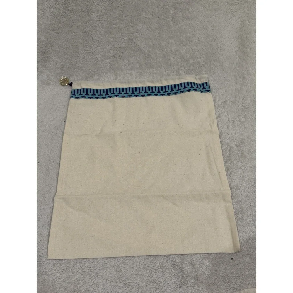 Tory Burch Beige Canvas Duster Bag with Blue Gold Design with Logo Charm